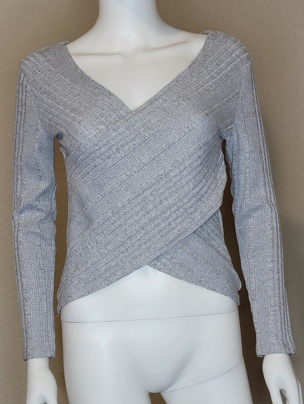 Gray Wrap Front Ribbed Knit Women's Sweater